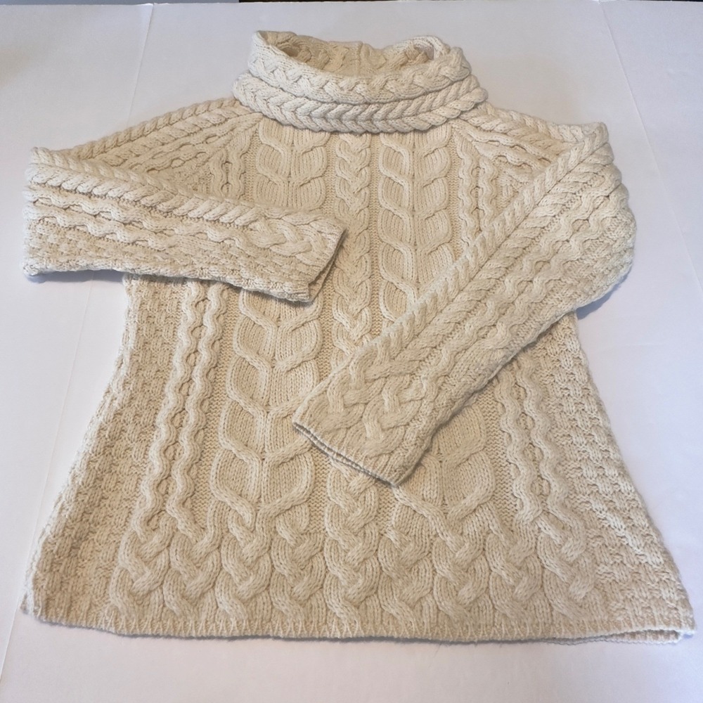 Aran Woollen Mills Merino Wool Cable Knit Cowl Neck Sweater Cream Womens Medium